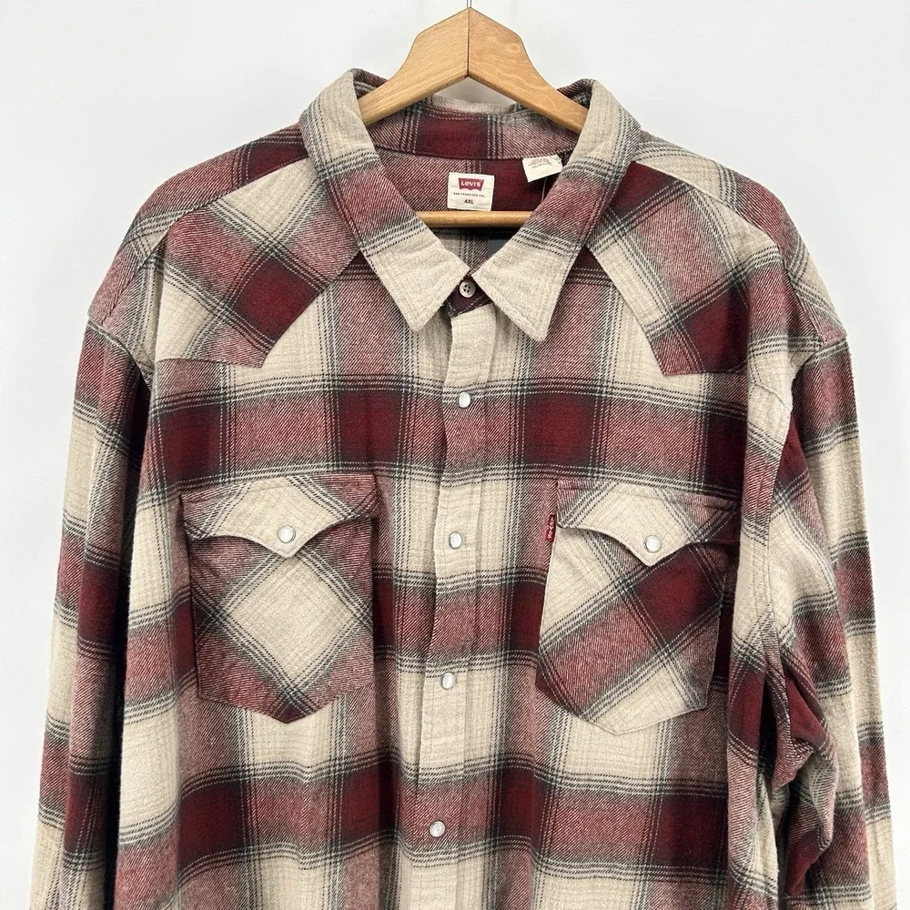 Levi's Standard The Western 4XL Pearl Snap Red Beige Flannel Big &‎ Tall NWT!
